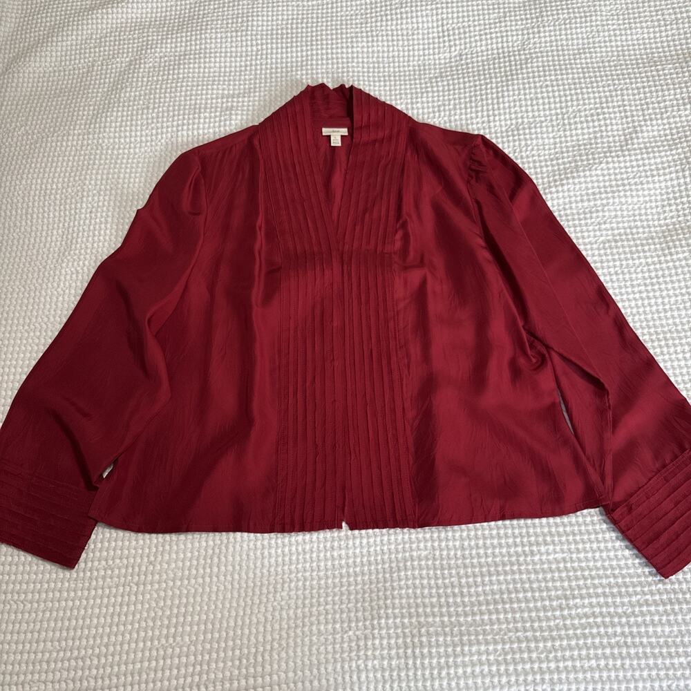 J Jill Blouse Womens Large Petite Silk Red Pleated Detail V Neck Hidden Snap EUC